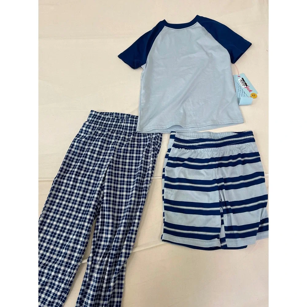 Cat & Jack Boys 3pc Pajama Set Blue Plaid Striped Shirt Pants Shorts XS 4/5 NEW